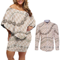Beige Aloha Hawaii Shell Lei Couples Matching Off Shoulder Short Dress and Long Sleeve Button Shirt Palaka Hebrew Cone Honey Cowrie Elegant Curves LT14 Beige - Polynesian Pride