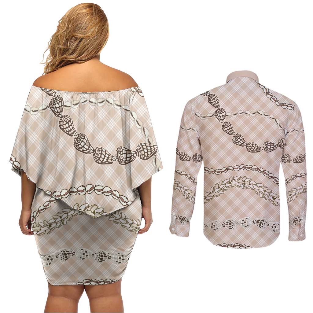 Beige Aloha Hawaii Shell Lei Couples Matching Off Shoulder Short Dress and Long Sleeve Button Shirt Palaka Hebrew Cone Honey Cowrie Elegant Curves LT14 - Polynesian Pride
