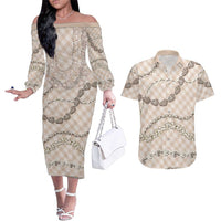 Beige Aloha Hawaii Shell Lei Couples Matching Off The Shoulder Long Sleeve Dress and Hawaiian Shirt Palaka Hebrew Cone Honey Cowrie Elegant Curves LT14 Beige - Polynesian Pride