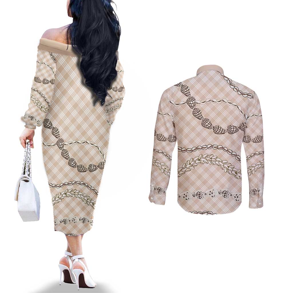 Beige Aloha Hawaii Shell Lei Couples Matching Off The Shoulder Long Sleeve Dress and Long Sleeve Button Shirt Palaka Hebrew Cone Honey Cowrie Elegant Curves LT14 - Polynesian Pride