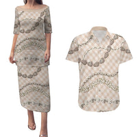 Beige Aloha Hawaii Shell Lei Couples Matching Puletasi and Hawaiian Shirt Palaka Hebrew Cone Honey Cowrie Elegant Curves LT14 Beige - Polynesian Pride