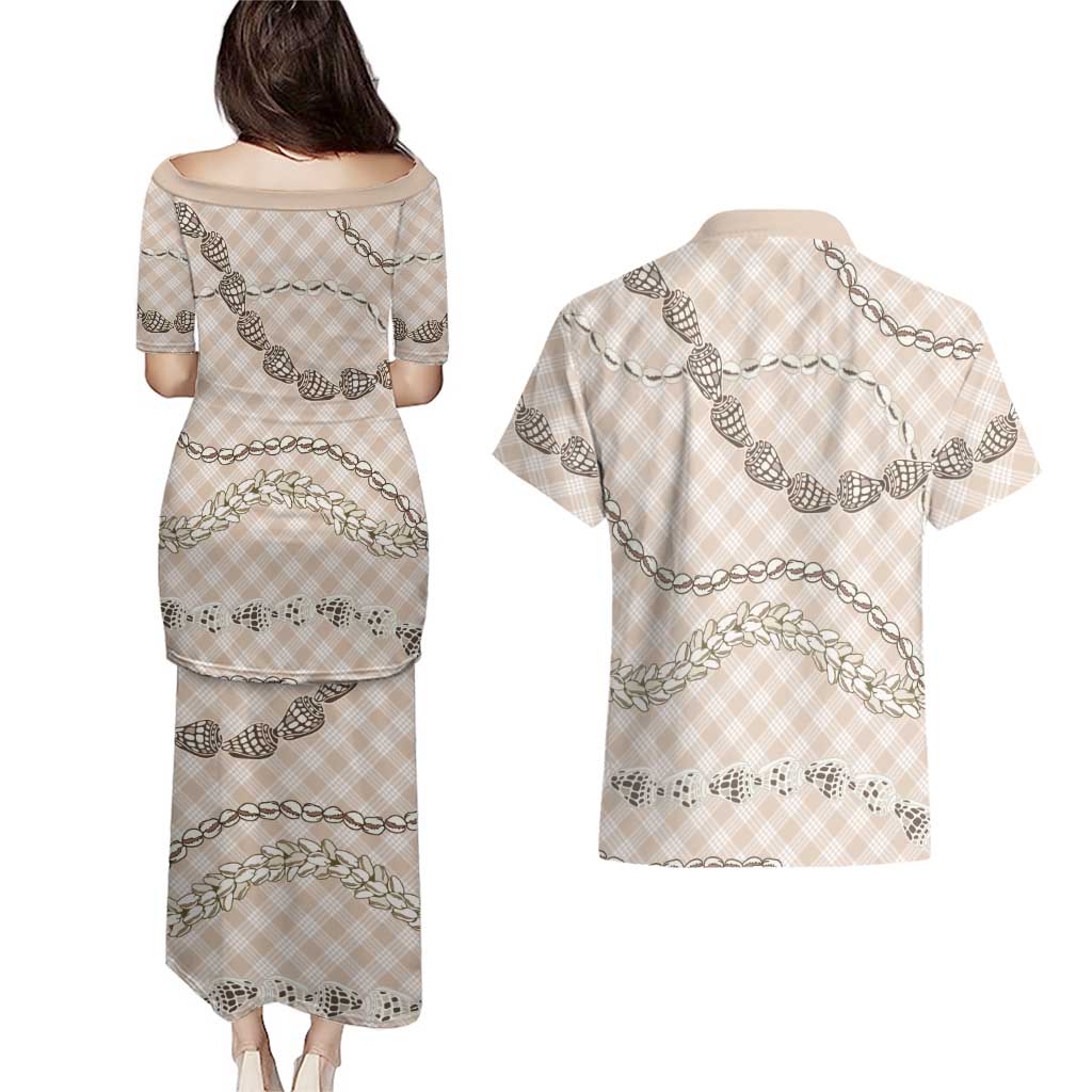 Beige Aloha Hawaii Shell Lei Couples Matching Puletasi and Hawaiian Shirt Palaka Hebrew Cone Honey Cowrie Elegant Curves LT14 - Polynesian Pride