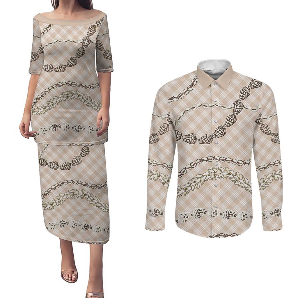 Beige Aloha Hawaii Shell Lei Couples Matching Puletasi and Long Sleeve Button Shirt Palaka Hebrew Cone Honey Cowrie Elegant Curves - Polynesian Pride
