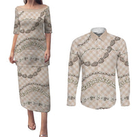 Beige Aloha Hawaii Shell Lei Couples Matching Puletasi and Long Sleeve Button Shirt Palaka Hebrew Cone Honey Cowrie Elegant Curves - Polynesian Pride