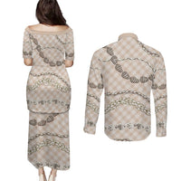 Beige Aloha Hawaii Shell Lei Couples Matching Puletasi and Long Sleeve Button Shirt Palaka Hebrew Cone Honey Cowrie Elegant Curves - Polynesian Pride