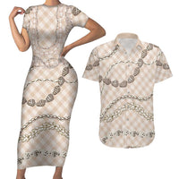 Beige Aloha Hawaii Shell Lei Couples Matching Short Sleeve Bodycon Dress and Hawaiian Shirt Palaka Hebrew Cone Honey Cowrie Elegant Curves LT14 Beige - Polynesian Pride