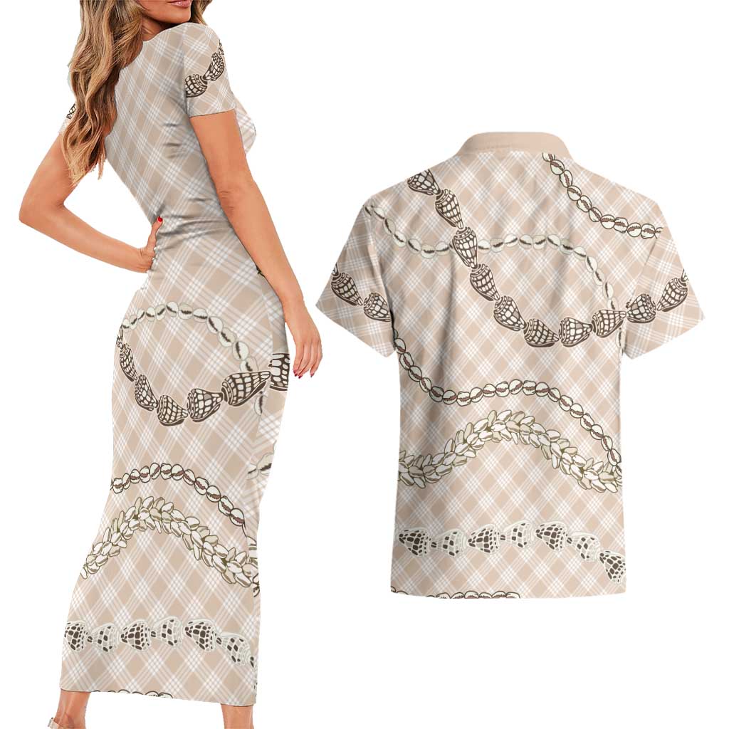 Beige Aloha Hawaii Shell Lei Couples Matching Short Sleeve Bodycon Dress and Hawaiian Shirt Palaka Hebrew Cone Honey Cowrie Elegant Curves LT14 - Polynesian Pride