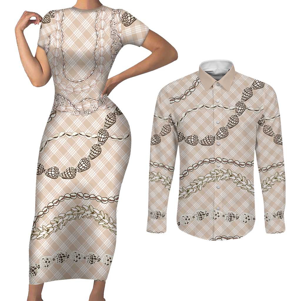 Beige Aloha Hawaii Shell Lei Couples Matching Short Sleeve Bodycon Dress and Long Sleeve Button Shirt Palaka Hebrew Cone Honey Cowrie Elegant Curves - Polynesian Pride