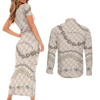Beige Aloha Hawaii Shell Lei Couples Matching Short Sleeve Bodycon Dress and Long Sleeve Button Shirt Palaka Hebrew Cone Honey Cowrie Elegant Curves LT14 - Polynesian Pride