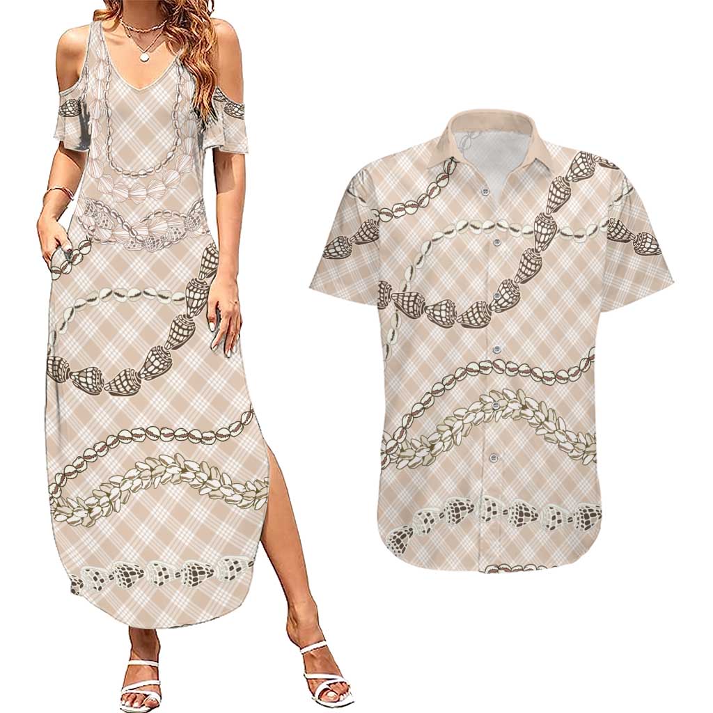 Beige Aloha Hawaii Shell Lei Couples Matching Summer Maxi Dress and Hawaiian Shirt Palaka Hebrew Cone Honey Cowrie Elegant Curves LT14 Beige - Polynesian Pride