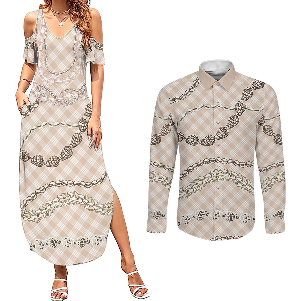 Beige Aloha Hawaii Shell Lei Couples Matching Summer Maxi Dress and Long Sleeve Button Shirt Palaka Hebrew Cone Honey Cowrie Elegant Curves LT14 Beige - Polynesian Pride
