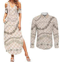 Beige Aloha Hawaii Shell Lei Couples Matching Summer Maxi Dress and Long Sleeve Button Shirt Palaka Hebrew Cone Honey Cowrie Elegant Curves LT14 Beige - Polynesian Pride