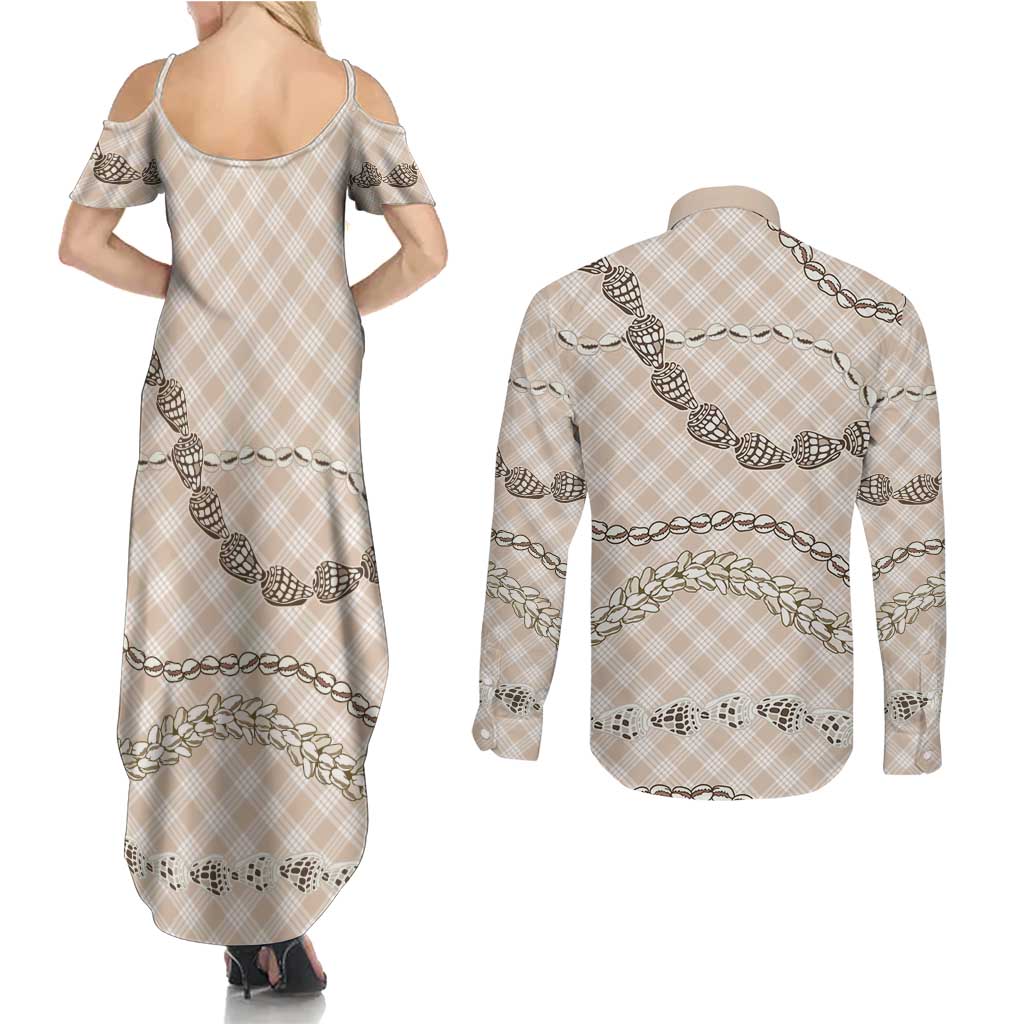 Beige Aloha Hawaii Shell Lei Couples Matching Summer Maxi Dress and Long Sleeve Button Shirt Palaka Hebrew Cone Honey Cowrie Elegant Curves LT14 - Polynesian Pride