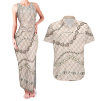 Beige Aloha Hawaii Shell Lei Couples Matching Tank Maxi Dress and Hawaiian Shirt Palaka Hebrew Cone Honey Cowrie Elegant Curves LT14 Beige - Polynesian Pride