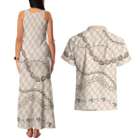 Beige Aloha Hawaii Shell Lei Couples Matching Tank Maxi Dress and Hawaiian Shirt Palaka Hebrew Cone Honey Cowrie Elegant Curves LT14 - Polynesian Pride