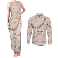 Beige Aloha Hawaii Shell Lei Couples Matching Tank Maxi Dress and Long Sleeve Button Shirt Palaka Hebrew Cone Honey Cowrie Elegant Curves LT14 Beige - Polynesian Pride