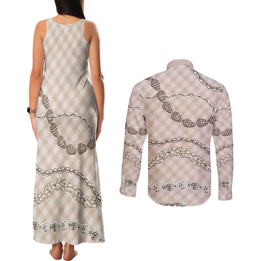 Beige Aloha Hawaii Shell Lei Couples Matching Tank Maxi Dress and Long Sleeve Button Shirt Palaka Hebrew Cone Honey Cowrie Elegant Curves LT14 - Polynesian Pride