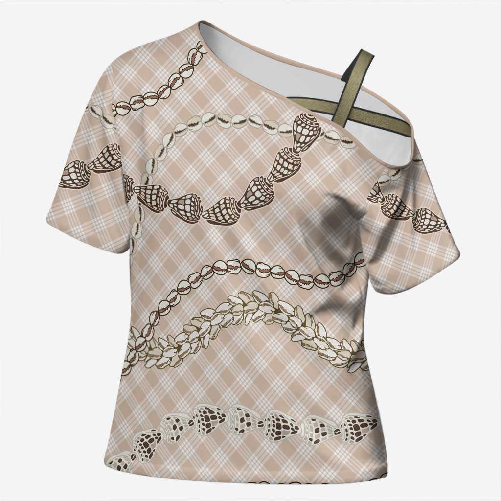 Beige Aloha Hawaii Shell Lei Cross Shoulder Shirt Palaka Hebrew Cone Honey Cowrie Elegant Curves - Polynesian Pride