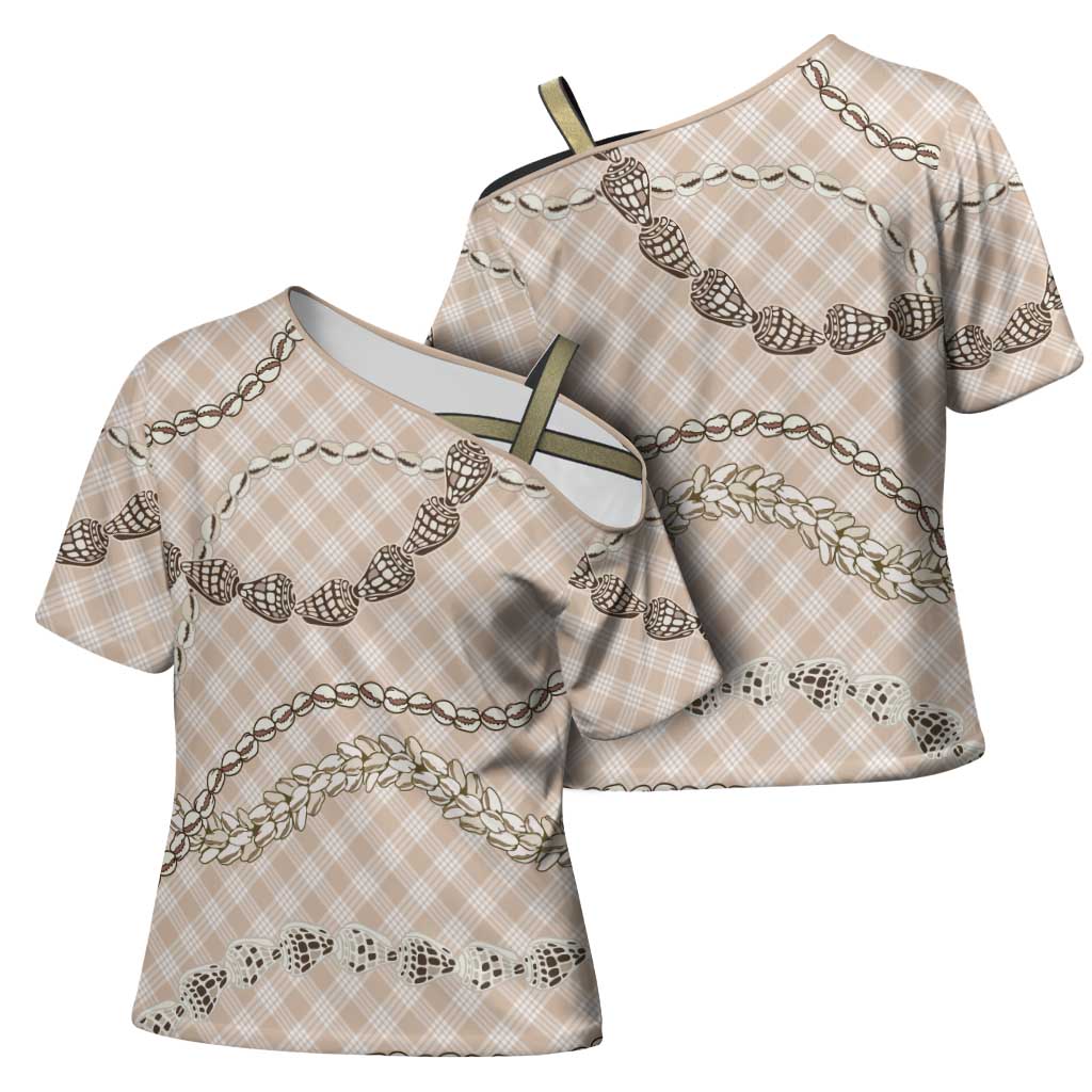 Beige Aloha Hawaii Shell Lei Cross Shoulder Shirt Palaka Hebrew Cone Honey Cowrie Elegant Curves - Polynesian Pride