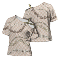 Beige Aloha Hawaii Shell Lei Cross Shoulder Shirt Palaka Hebrew Cone Honey Cowrie Elegant Curves - Polynesian Pride