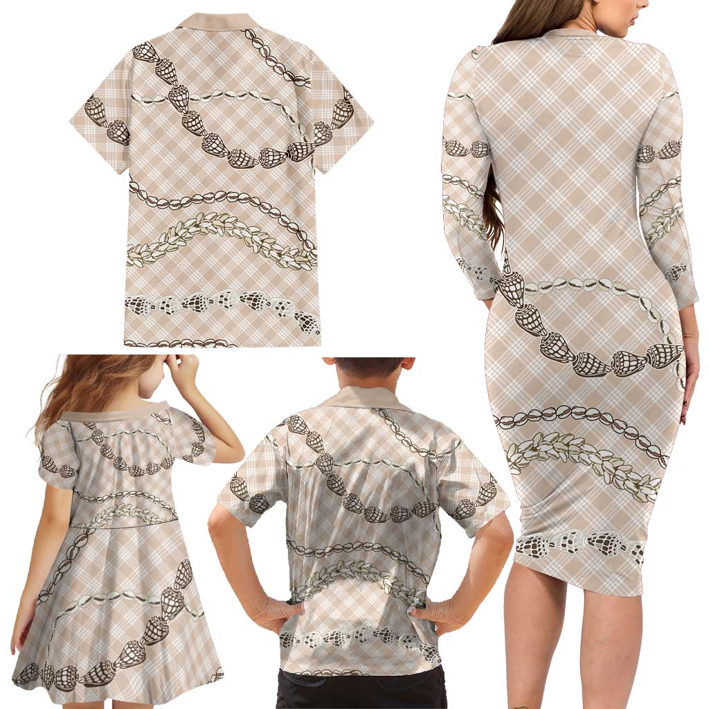 Beige Aloha Hawaii Shell Lei Family Matching Long Sleeve Bodycon Dress and Hawaiian Shirt Palaka Hebrew Cone Honey Cowrie Elegant Curves LT14 - Polynesian Pride