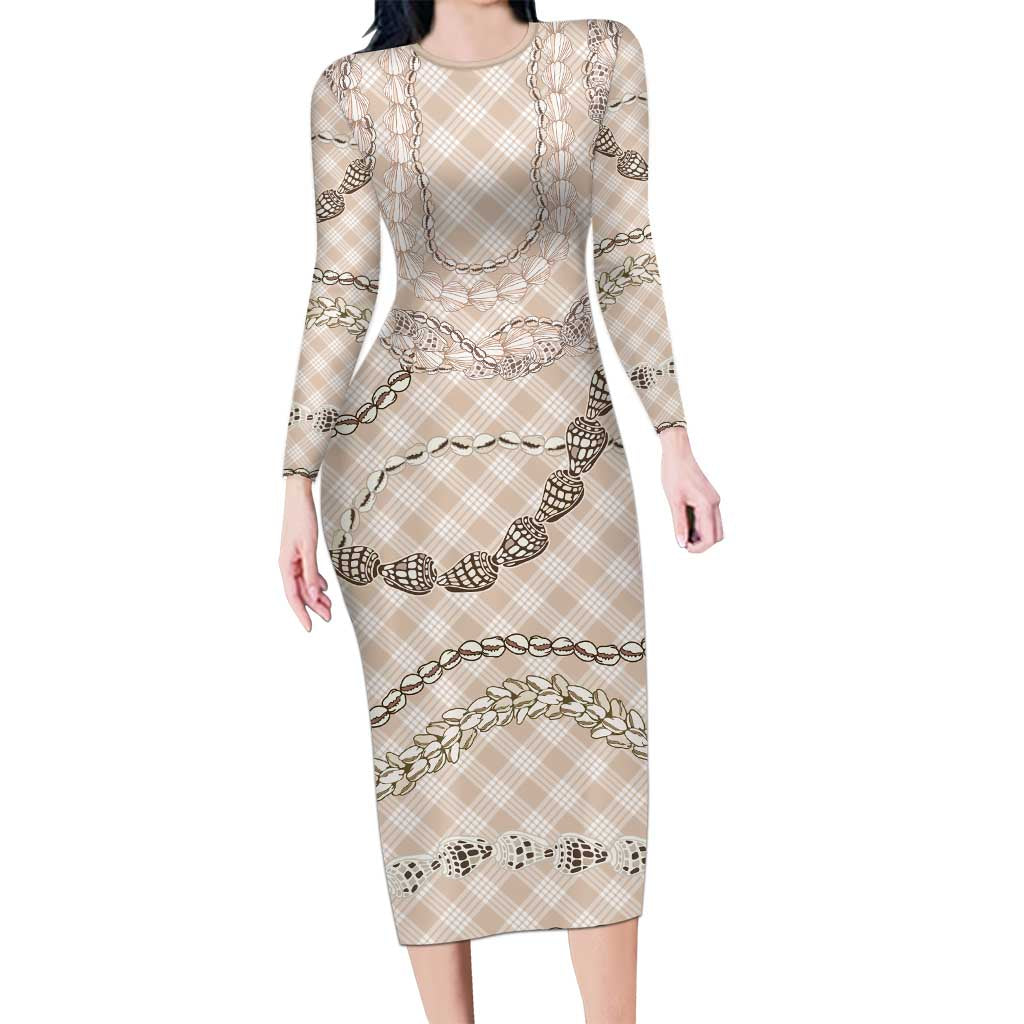 Beige Aloha Hawaii Shell Lei Family Matching Long Sleeve Bodycon Dress and Hawaiian Shirt Palaka Hebrew Cone Honey Cowrie Elegant Curves LT14 Mom's Dress Beige - Polynesian Pride