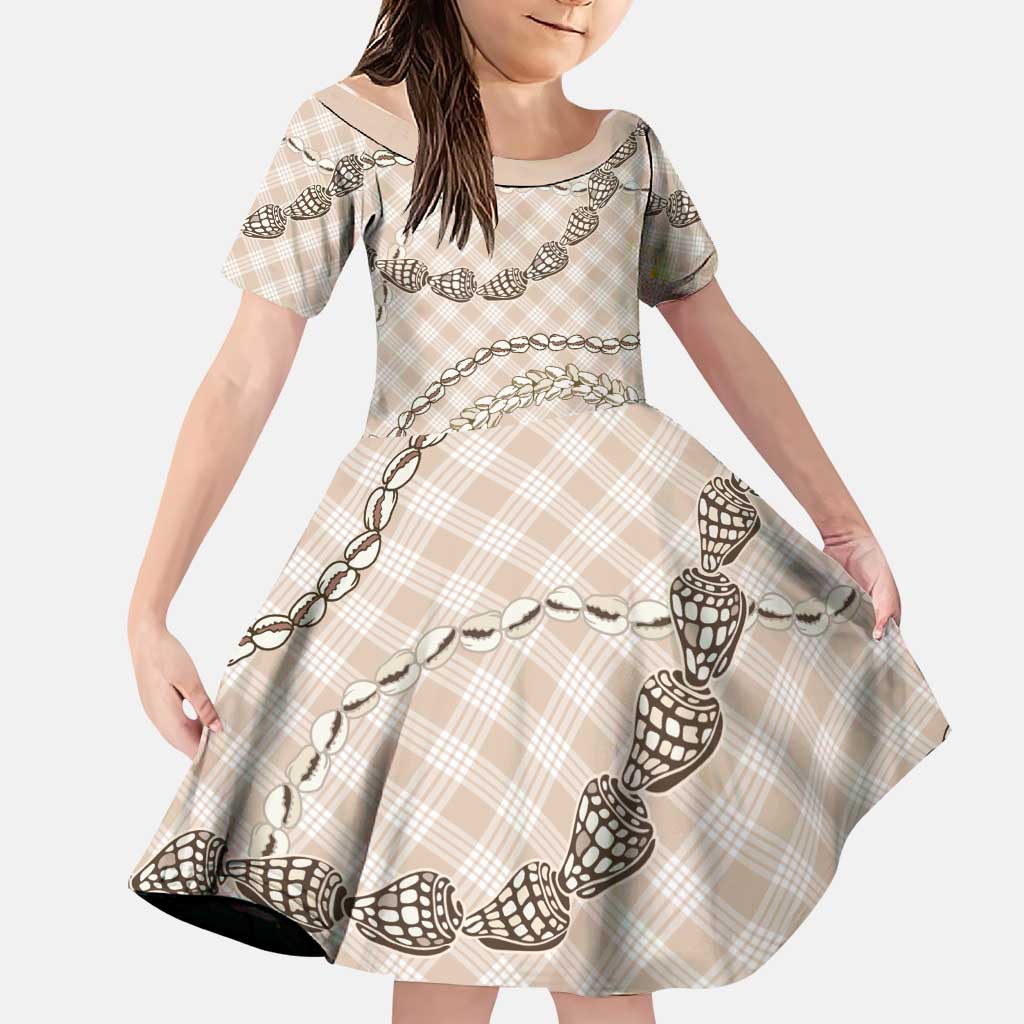 Beige Aloha Hawaii Shell Lei Family Matching Mermaid Dress and Hawaiian Shirt Palaka Hebrew Cone Honey Cowrie Elegant Curves LT14 Daughter's Dress Beige - Polynesian Pride