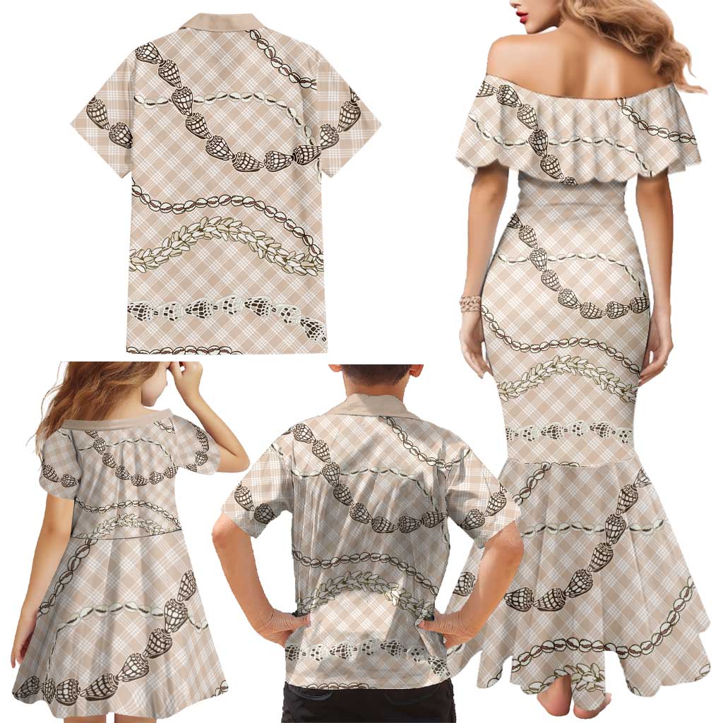 Beige Aloha Hawaii Shell Lei Family Matching Mermaid Dress and Hawaiian Shirt Palaka Hebrew Cone Honey Cowrie Elegant Curves LT14 - Polynesian Pride