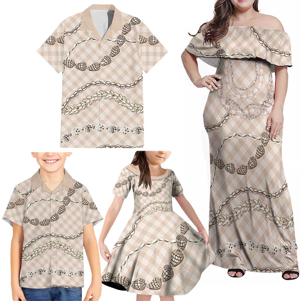 Beige Aloha Hawaii Shell Lei Family Matching Off Shoulder Maxi Dress and Hawaiian Shirt Palaka Hebrew Cone Honey Cowrie Elegant Curves LT14 - Polynesian Pride
