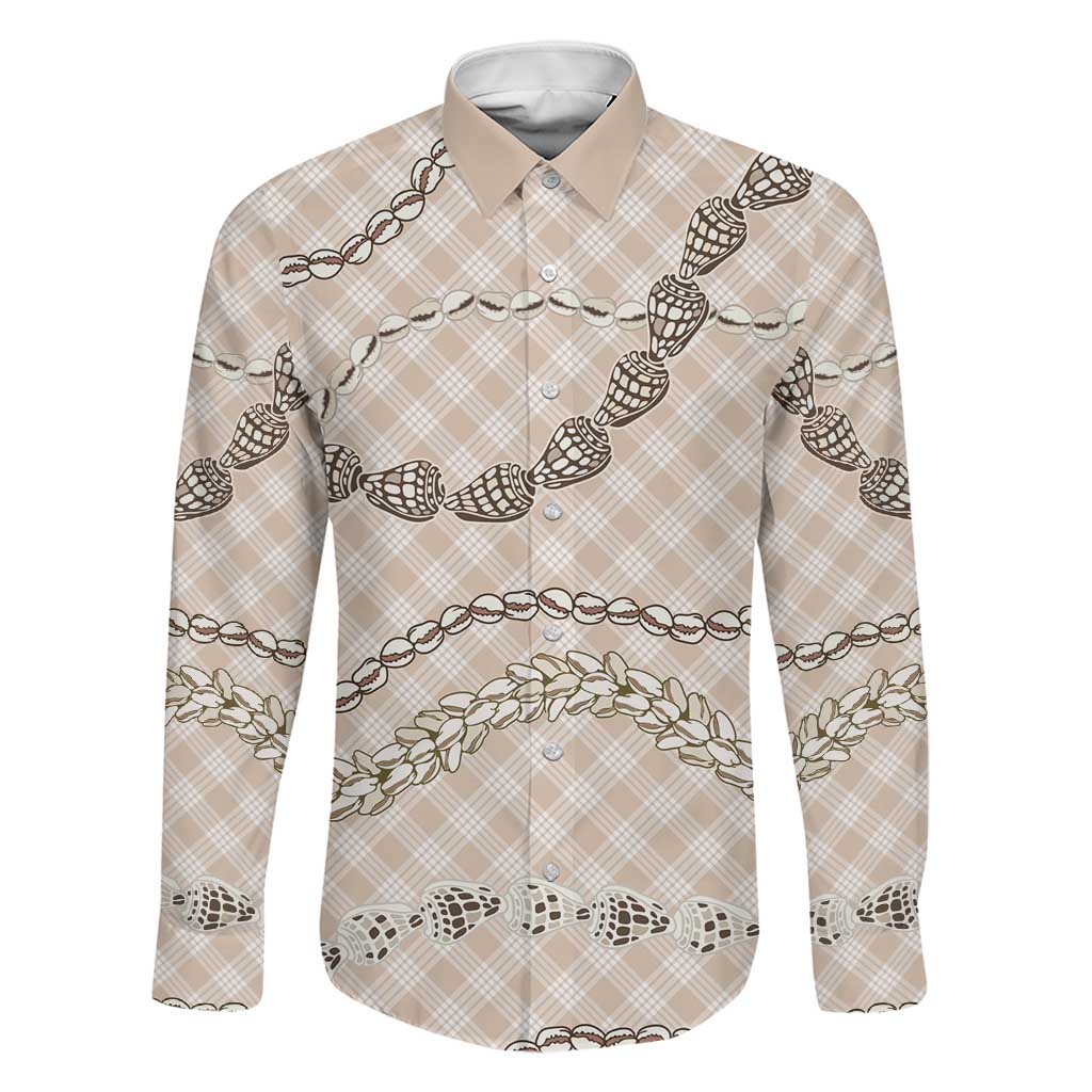 Beige Aloha Hawaii Shell Lei Family Matching Off Shoulder Maxi Dress and Hawaiian Shirt Palaka Hebrew Cone Honey Cowrie Elegant Curves LT14 Dad's Shirt - Long Sleeve Beige - Polynesian Pride