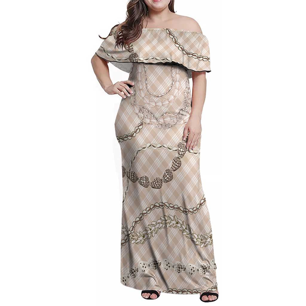 Beige Aloha Hawaii Shell Lei Family Matching Off Shoulder Maxi Dress and Hawaiian Shirt Palaka Hebrew Cone Honey Cowrie Elegant Curves LT14 Mom's Dress Beige - Polynesian Pride