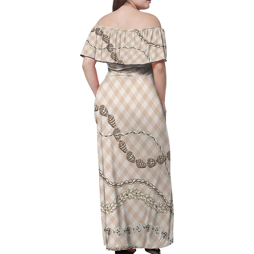 Beige Aloha Hawaii Shell Lei Family Matching Off Shoulder Maxi Dress and Hawaiian Shirt Palaka Hebrew Cone Honey Cowrie Elegant Curves LT14 - Polynesian Pride