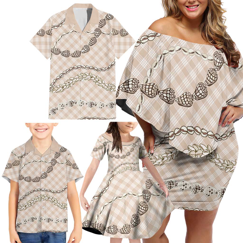 Beige Aloha Hawaii Shell Lei Family Matching Off Shoulder Short Dress and Hawaiian Shirt Palaka Hebrew Cone Honey Cowrie Elegant Curves LT14 - Polynesian Pride