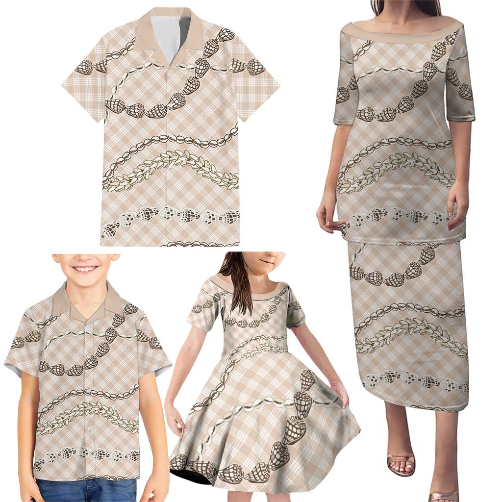 Beige Aloha Hawaii Shell Lei Family Matching Puletasi and Hawaiian Shirt Palaka Hebrew Cone Honey Cowrie Elegant Curves LT14 - Polynesian Pride