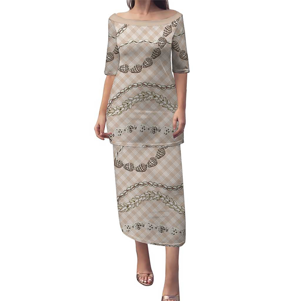 Beige Aloha Hawaii Shell Lei Family Matching Puletasi and Hawaiian Shirt Palaka Hebrew Cone Honey Cowrie Elegant Curves LT14 Mom's Dress Beige - Polynesian Pride