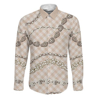 Beige Aloha Hawaii Shell Lei Family Matching Short Sleeve Bodycon Dress and Hawaiian Shirt Palaka Hebrew Cone Honey Cowrie Elegant Curves LT14 Dad's Shirt - Long Sleeve Beige - Polynesian Pride