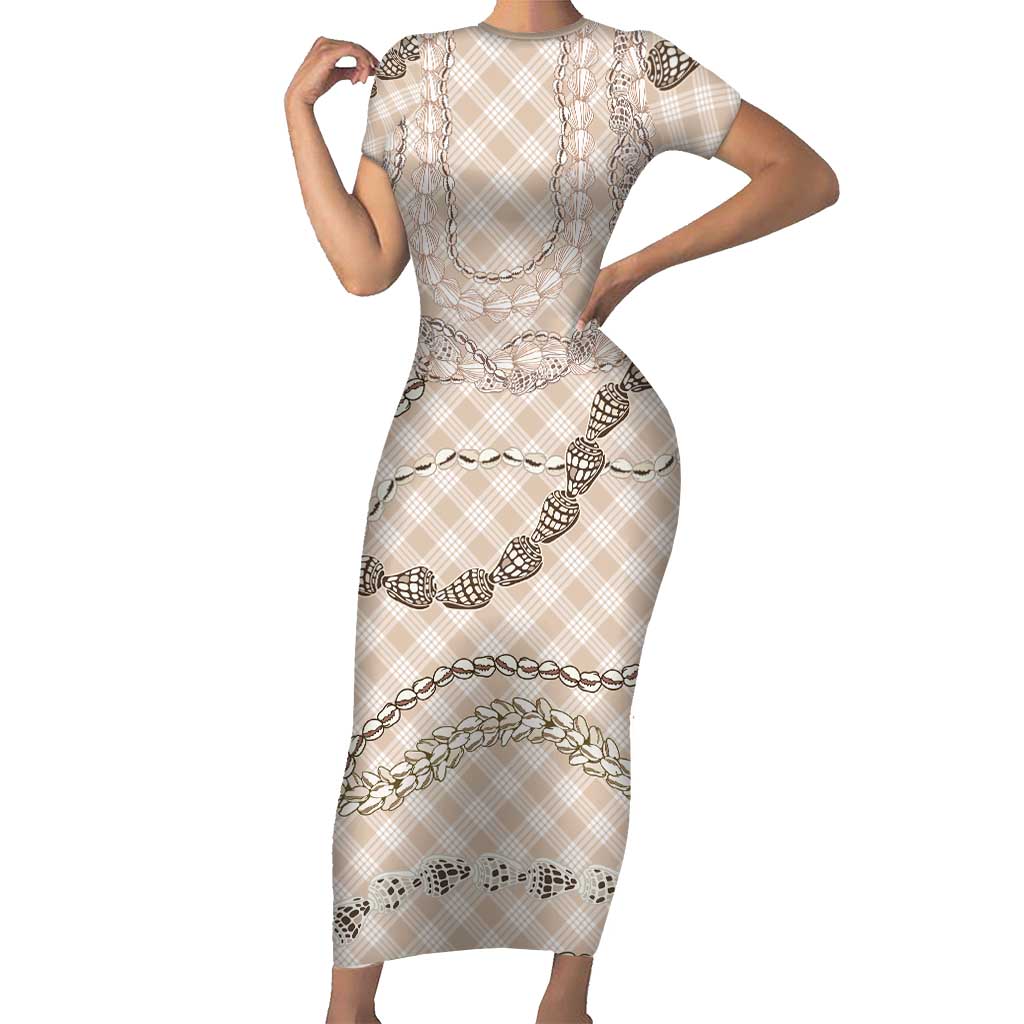Beige Aloha Hawaii Shell Lei Family Matching Short Sleeve Bodycon Dress and Hawaiian Shirt Palaka Hebrew Cone Honey Cowrie Elegant Curves LT14 Mom's Dress Beige - Polynesian Pride