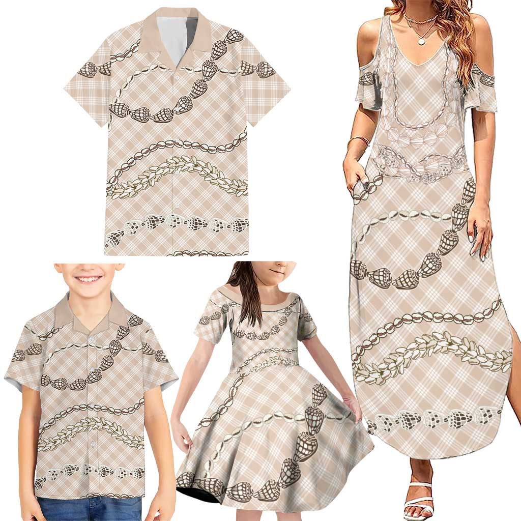 Beige Aloha Hawaii Shell Lei Family Matching Summer Maxi Dress and Hawaiian Shirt Palaka Hebrew Cone Honey Cowrie Elegant Curves LT14 - Polynesian Pride