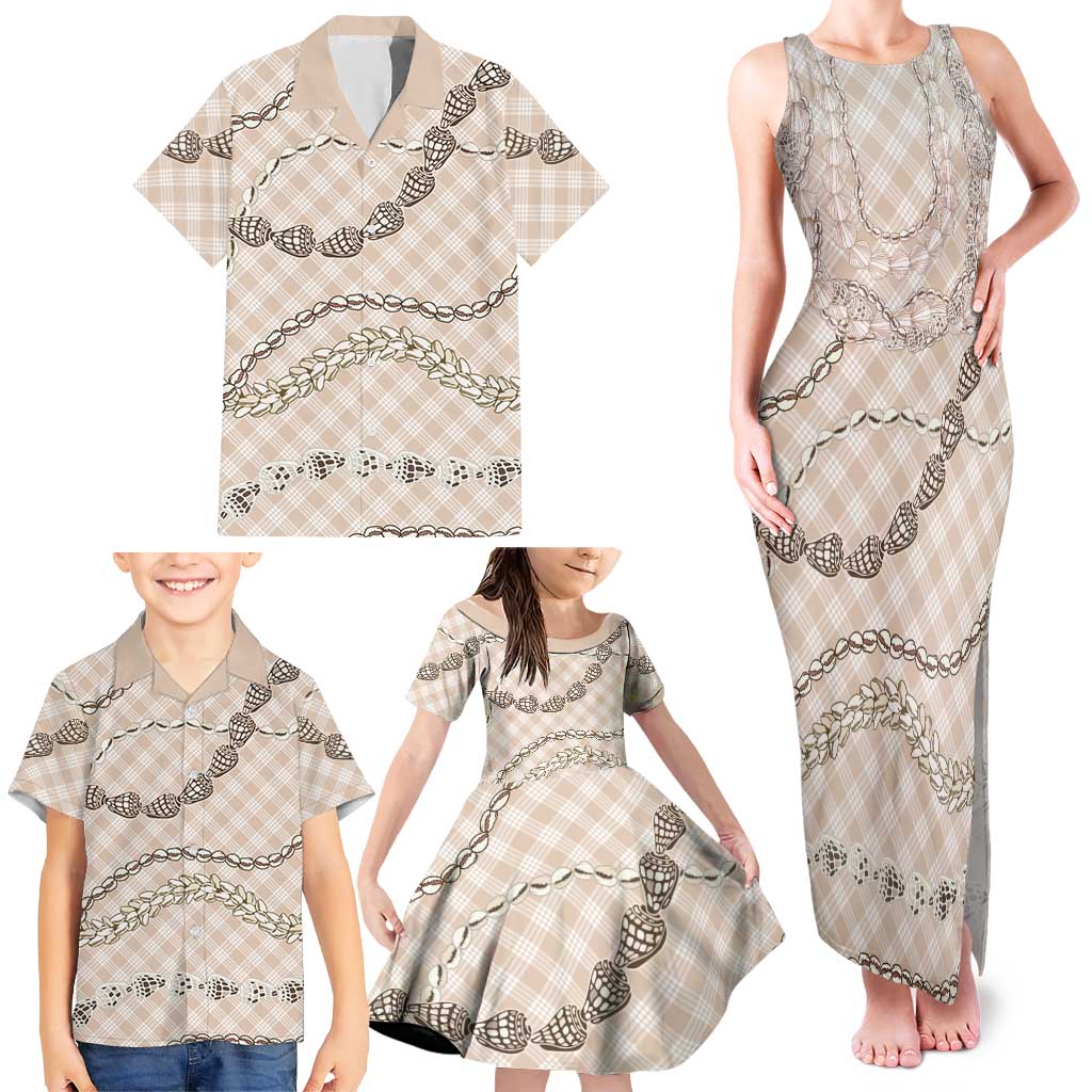 Beige Aloha Hawaii Shell Lei Family Matching Tank Maxi Dress and Hawaiian Shirt Palaka Hebrew Cone Honey Cowrie Elegant Curves LT14 - Polynesian Pride
