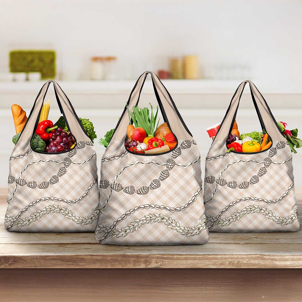 Beige Aloha Hawaii Shell Lei Grocery Bag Palaka Hebrew Cone Honey Cowrie Elegant Curves - Polynesian Pride