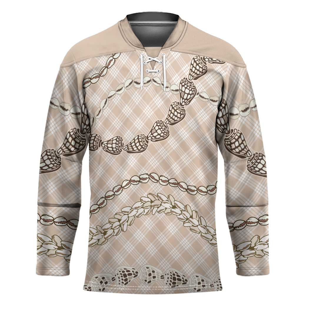 Beige Aloha Hawaii Shell Lei Hockey Jersey Palaka Hebrew Cone Honey Cowrie Elegant Curves - Polynesian Pride
