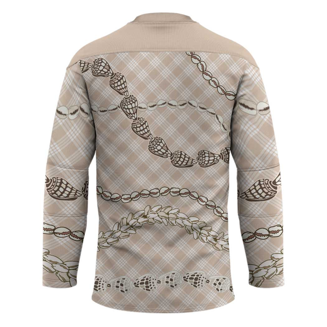 Beige Aloha Hawaii Shell Lei Hockey Jersey Palaka Hebrew Cone Honey Cowrie Elegant Curves - Polynesian Pride