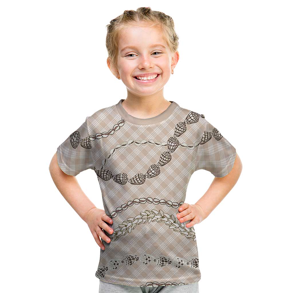 Beige Aloha Hawaii Shell Lei Kid T Shirt Palaka Hebrew Cone Honey Cowrie Elegant Curves - Polynesian Pride