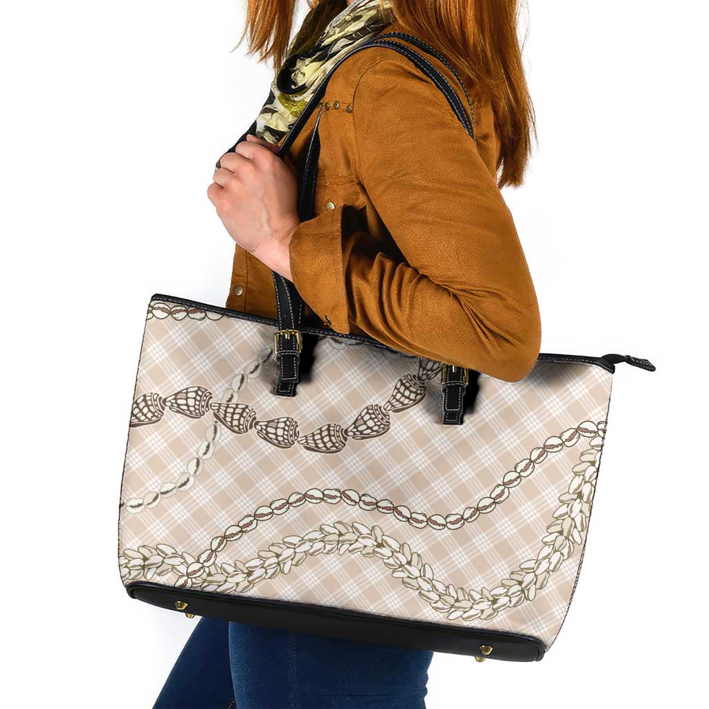 Beige Aloha Hawaii Shell Lei Leather Tote Bag Palaka Hebrew Cone Honey Cowrie Elegant Curves - Polynesian Pride