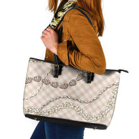 Beige Aloha Hawaii Shell Lei Leather Tote Bag Palaka Hebrew Cone Honey Cowrie Elegant Curves - Polynesian Pride
