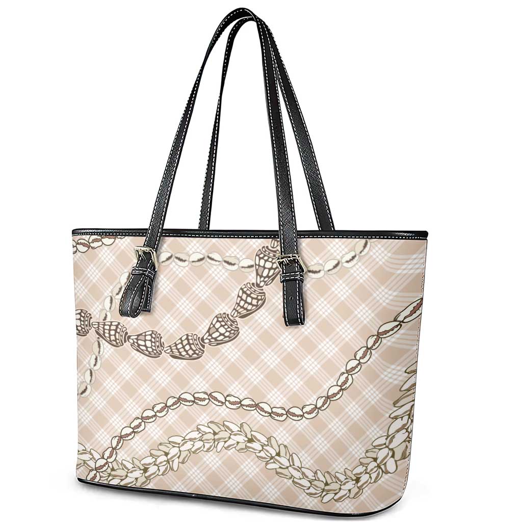Beige Aloha Hawaii Shell Lei Leather Tote Bag Palaka Hebrew Cone Honey Cowrie Elegant Curves - Polynesian Pride