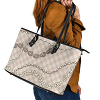 Beige Aloha Hawaii Shell Lei Leather Tote Bag Palaka Hebrew Cone Honey Cowrie Elegant Curves - Polynesian Pride