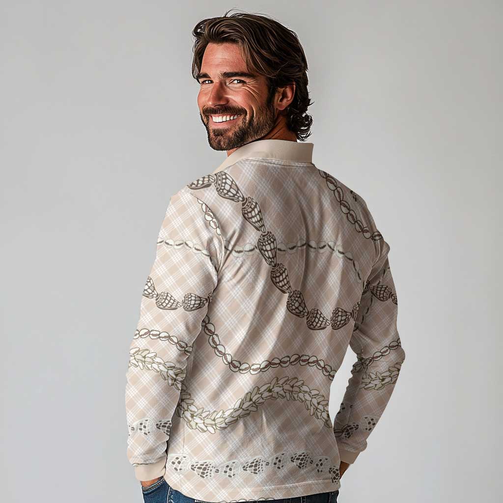 Beige Aloha Hawaii Shell Lei Long Sleeve Polo Shirt Palaka Hebrew Cone Honey Cowrie Elegant Curves - Polynesian Pride