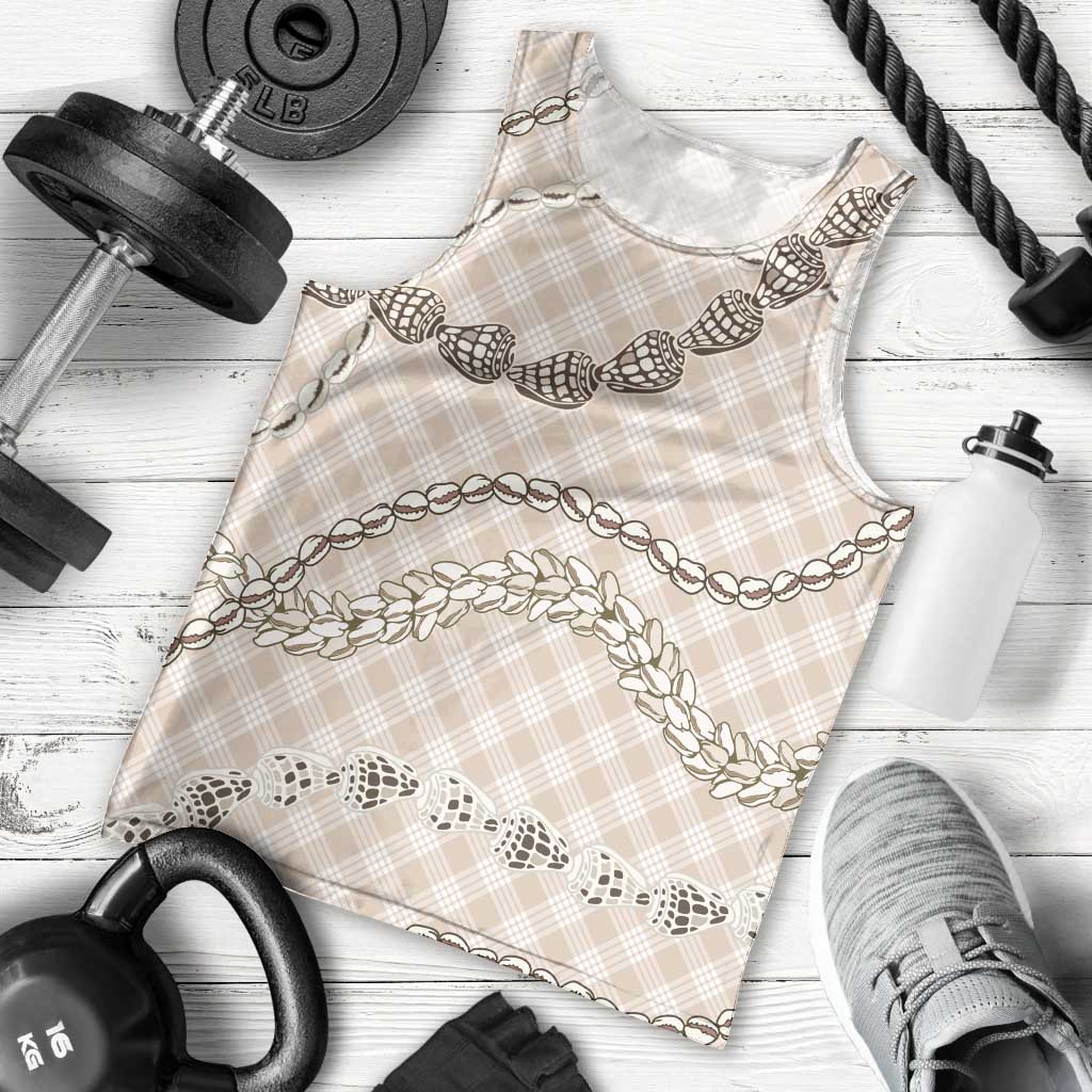 Beige Aloha Hawaii Shell Lei Men Tank Top Palaka Hebrew Cone Honey Cowrie Elegant Curves - Polynesian Pride