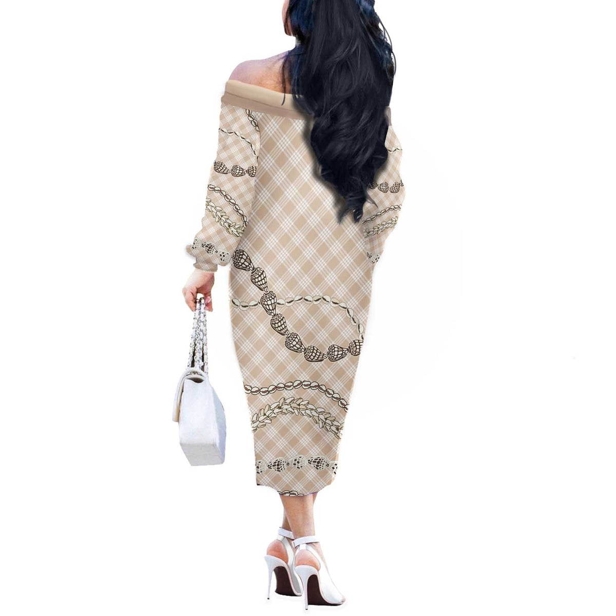 Beige Aloha Hawaii Shell Lei Off The Shoulder Long Sleeve Dress Palaka Hebrew Cone Honey Cowrie Elegant Curves LT14 - Polynesian Pride